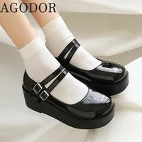 agodor women patent leather mary janes gothic platform pumps shoes women wedge high heel shoes two buckle uniform shoes
