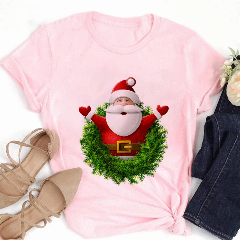 

Merry Christmas Santa Claus Women Pink T-shirt Female Fashion Harajuku Style Cartoon Tshirt Unisex Casual Short Sleeve Tops Tee