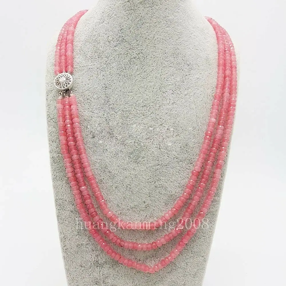 

Women's 3Rows 2x4mm Natural Pink stone Faceted Gems Beads Necklace 18-20'' AAA