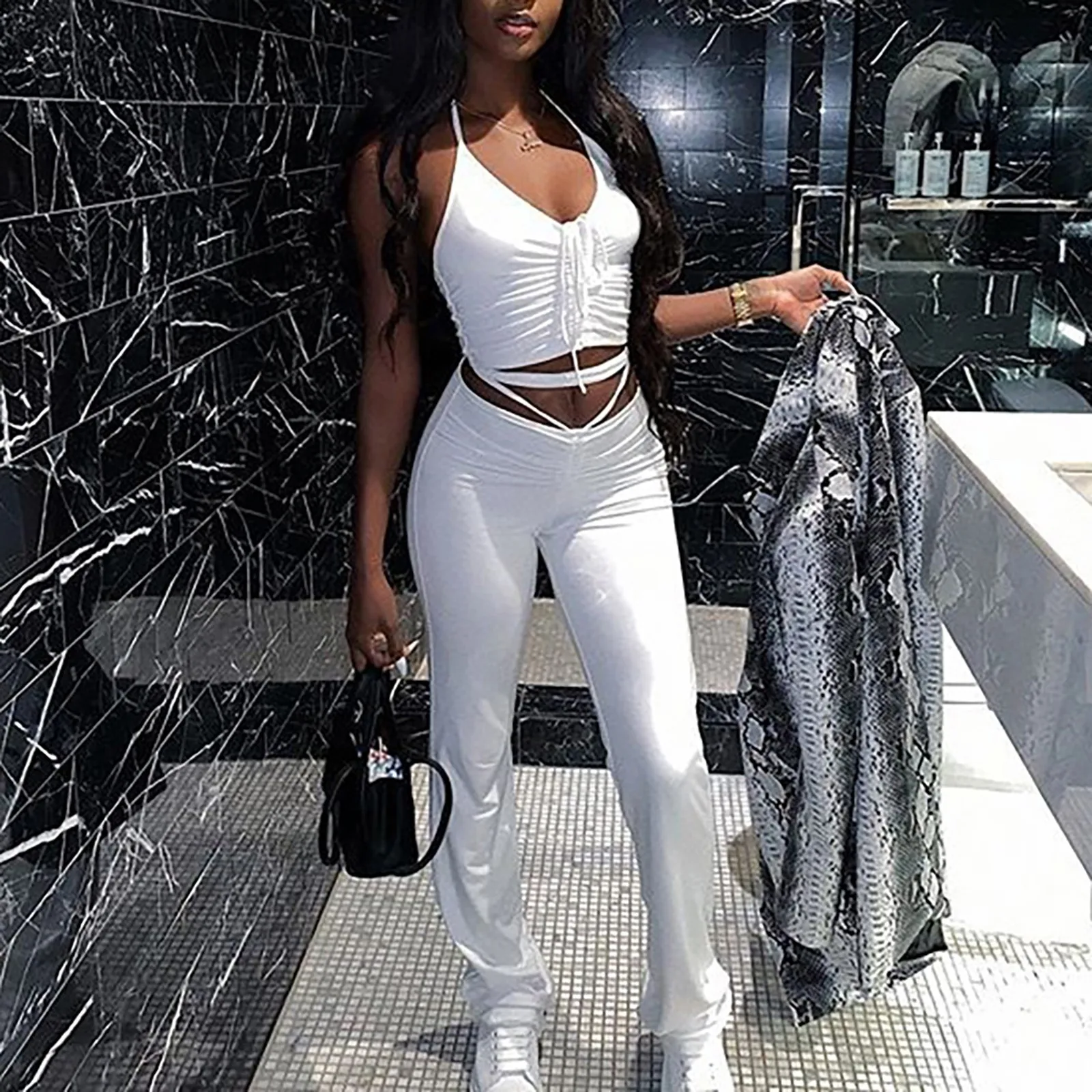 

Модные Женские однотонные Эластичные зауженные брюки на шнуровке с высокой талией, элегантные эластичные облегающие брюки, повседневные ж...