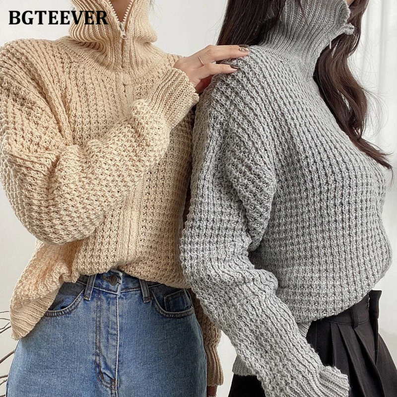 

BGTEEVER Vintage Lapel Thicken Warm Loose Women Knitted Cardigans 2021 Autumn Winter Long Sleeve Zippers Female Sweaters 2021