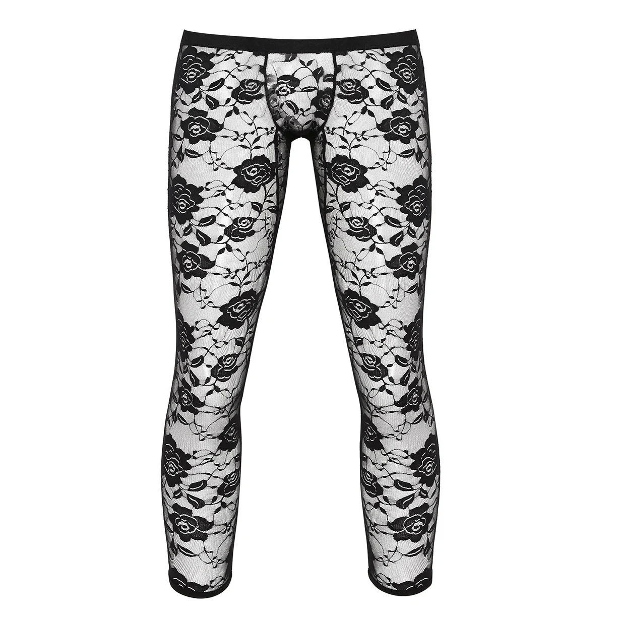 

Mens Lingerie See Through Legging Pants Low Rise Bulge Pouch Sheer Floral Lace Ankle Length Stretchy Footless Tights Trousers