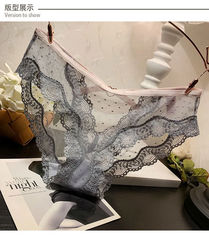 

Sexy lace trim panties women see-through mesh low-waist seamless ultra-thin hollow panties 100% cotton antibacterial bottom pant
