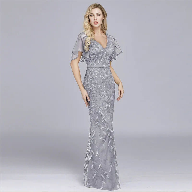 

Beauty Emily Sexy V Neck Mermaid Evening Dress Elegant Flare Short Sleeve Zipper Back Formal Party Dress 4 Colors Available