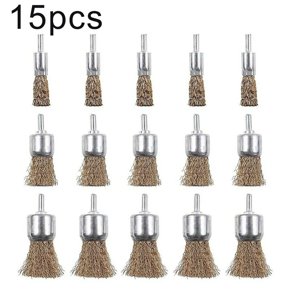 

15 PCS Brass Coated Wire Brush Wheel & Cup Brushes Set With 1/4 Inch Shank ATTACHES TO MOST POWER DRILLS