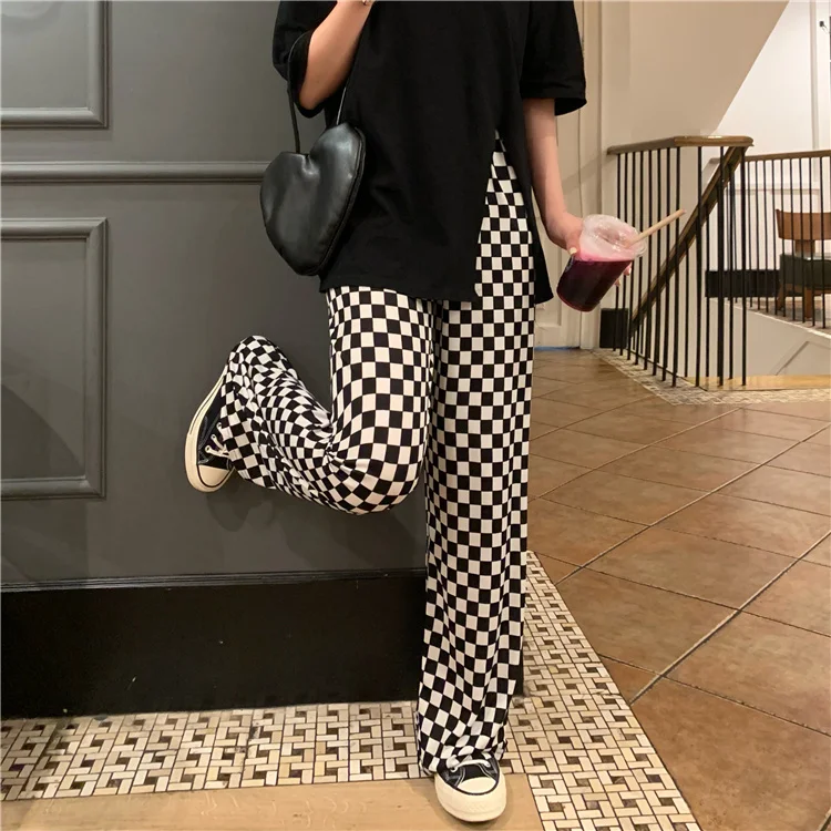 

Black White Chessboard Grid Wide Leg High Waist Drape Rac