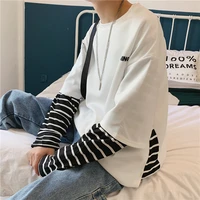 spring and autumn long sleeved t shirt male port fashion brand korean version ins stitching loose student fake two striped tops