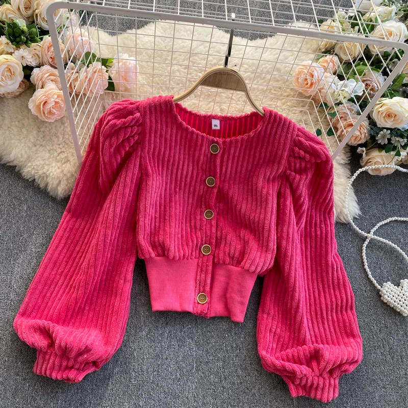 

New Fashion Corduroy Short Cardigan Women Round Neck Long Sleeve Solid Color Elegant Coat Jacket Q671