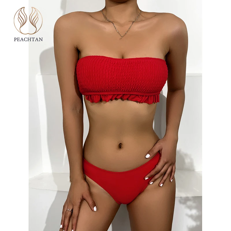 

Peachtan Ruffle swimsuit women Bandeau bikini 2021 Smocked swimwear female Soild bathing suit Sexy 2 pieces set biquini summer