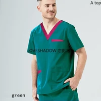 men scrub top cotton medical uniforms short sleeve v neck doctor nurse workwear blocking color uniform big pockets lab overalls