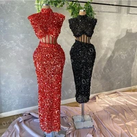 sequins african evening dress mermiad black red high neck exposed boning prom dress robe de soir%c3%a9e cocktail club party gowns