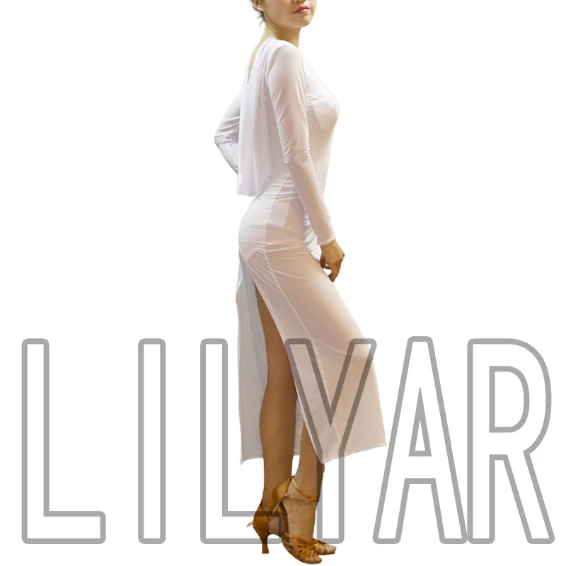 Женское платье для латиноамериканских танцев белое длинное с разрезом и