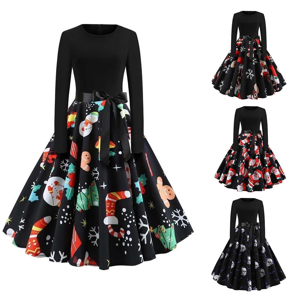 Зимнее винтажное платье женское рождественское с длинным рукавом и принтом