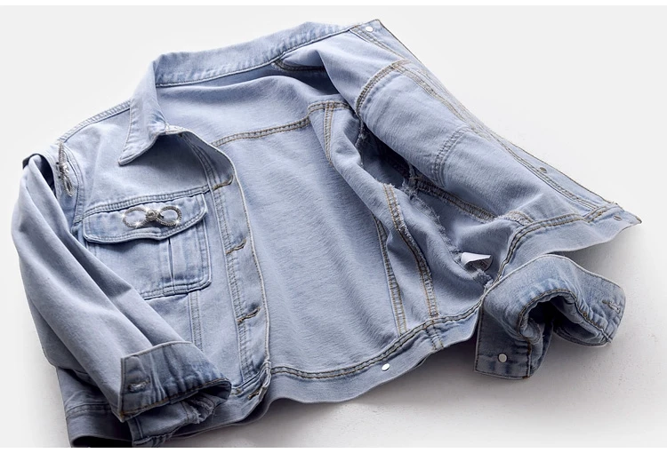 

Spring New Vintage Outerwear Coats Slim Diamond Bow Long Sleeved Turn-Down Collar Single-Breasted Denim Jacket For Women
