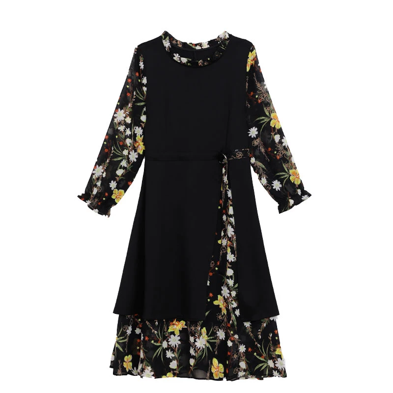 

Черный Цветочный принт с длинным рукавом Сращивание женская одежда Новый стиль Vestido De Festa; Сезон весна-осень размера плюс платье А-силуэта, х...
