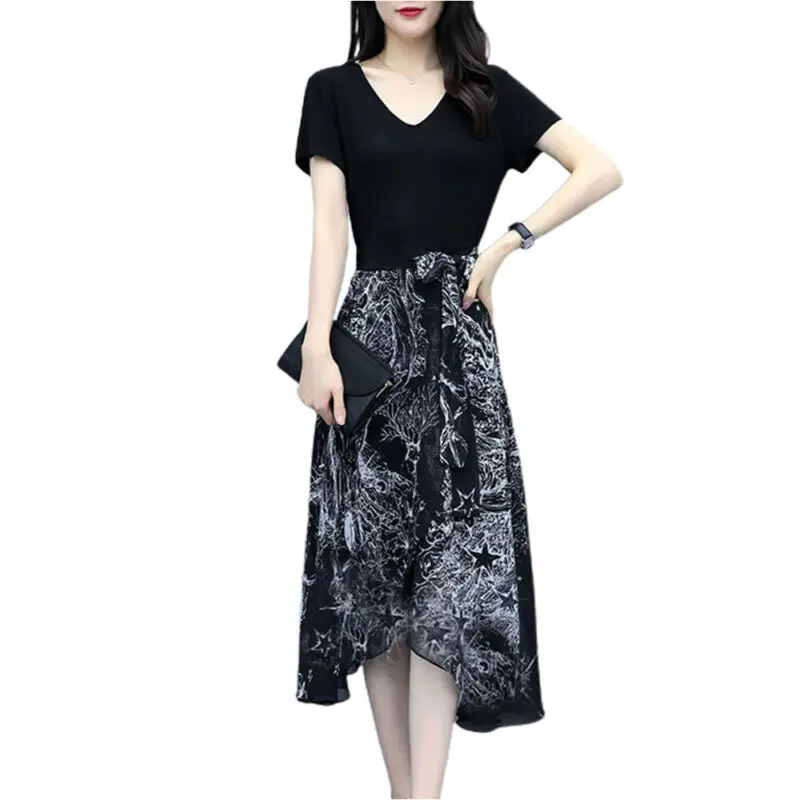 

Women Spring Casual Patchwork Short Sleeve Dress Summer V-Neck Flower Long Dress