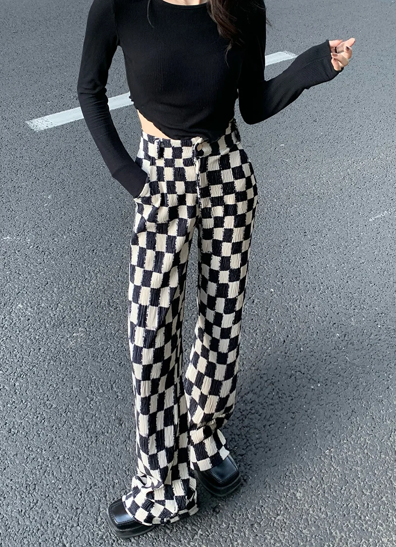 Свободные широкие брюки женские зимние шахматные повседневные новинка 2021