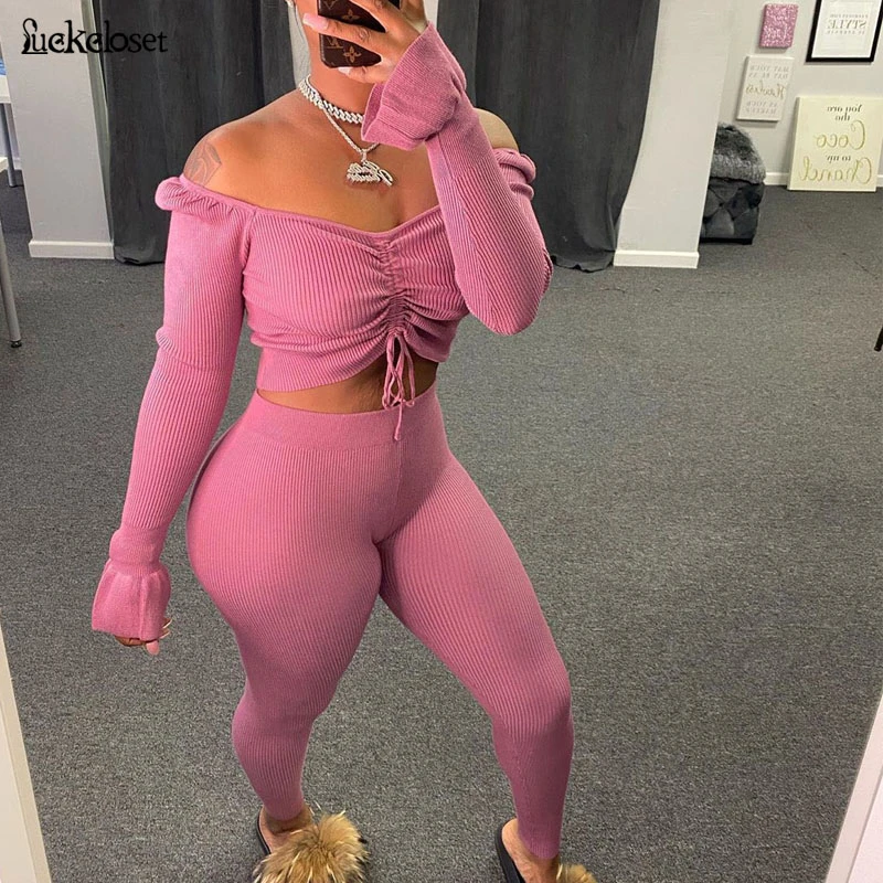 

Deep V Women 2 Pcs Sweatsuit Auutmn Pullover Top Pants Suits Women Outfit Ruffle Drawstring Ribbed Two Piece Tracksuits