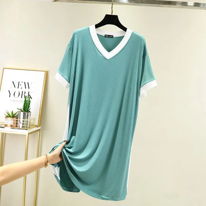 Spring Summer New Modal Nightdress Women's Short Sleeve Nightgown Large Medium Length Over The Knee Single Dress Nightwear