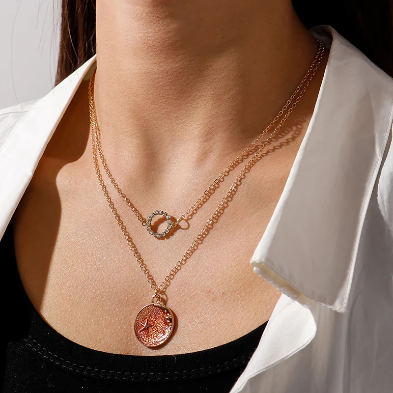 

Original Star Red Blue Ocean Necklaces for Women Crystal Circle Pendant Gold Color Multilayered Chain Necklace FriendshipJewelry