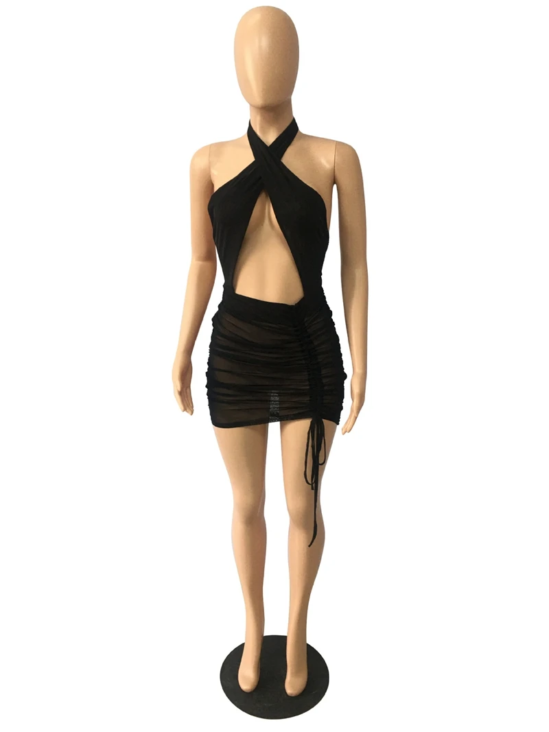 

Sexy Mesh Halter Ruched Bandage Bodycon Mini Dress Summer Outfits for Women Backless Hollow Clubwear Night Party Dresses
