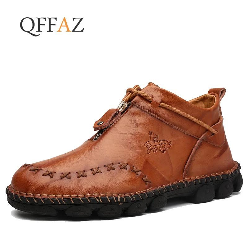 

QFFAZ High Quality Genuine Leather Men Boots Fashion Zipper Shoes Male Cow Leather Man Brown Ankle Boots Plus Size 38-48