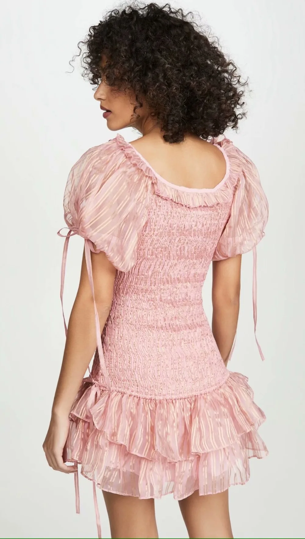 Linjiashop Loveshackfancy autumn pink dress short sleeve vintage slim special chiffon ruffles mini dress dropshipping