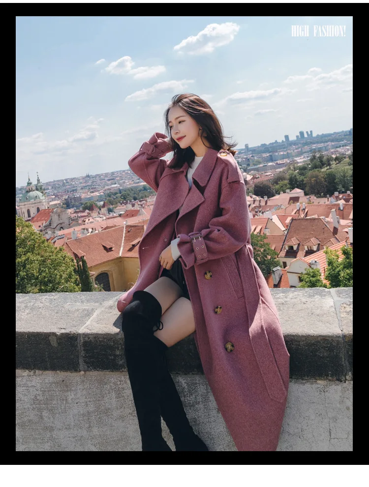 Женское офисное длинное шерстяное пальто однотонное облегающее двубортное