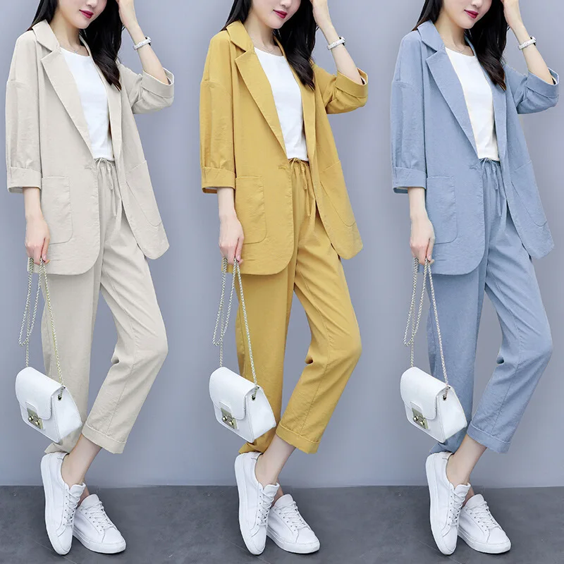 Женский осенне летний повседневный костюм из 2 предметов однотонный блейзер