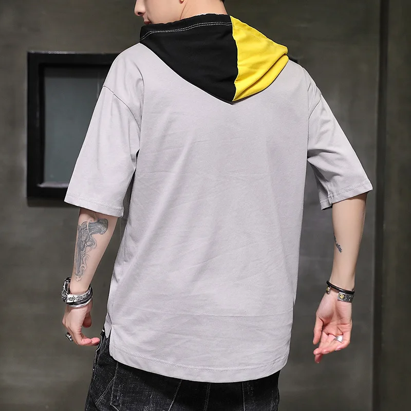 

Summer Men Tshirt Casual Tops Tee Shirts Patchwork Loose Hooded Male New Streewear Hoodie Half Sleeve T-shirt Pullover Clothing
