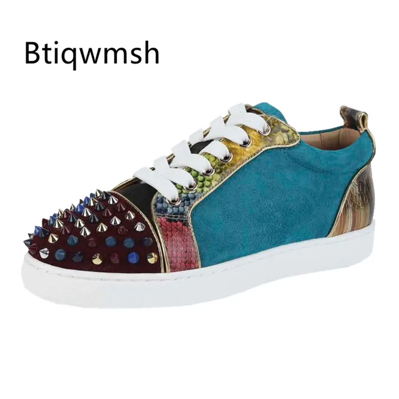 

2020 Studded Sneakers Men Round Toe Mixed Color Rivet Blue Real Suede Flat Shoes Man Fashion Loafer Shoes