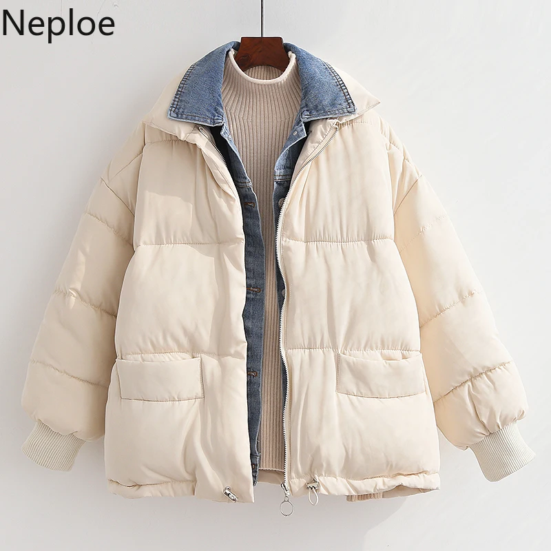 Neploe, новинка, из кусков, из джинсовой ткани, мужская зимняя куртка толстый теплый зимняя Корейская куртка Для женщин модные однотонные свободные Chaqueta Mujer 54999