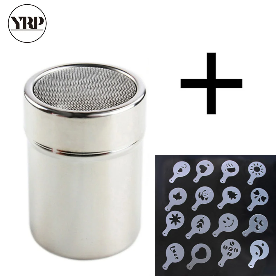 

Stainless Chocolate Shaker Cocoa Flour Sugar Powder Coffee Sifter 16Pcs Coffee Stencils kitchen accessories barista art tools