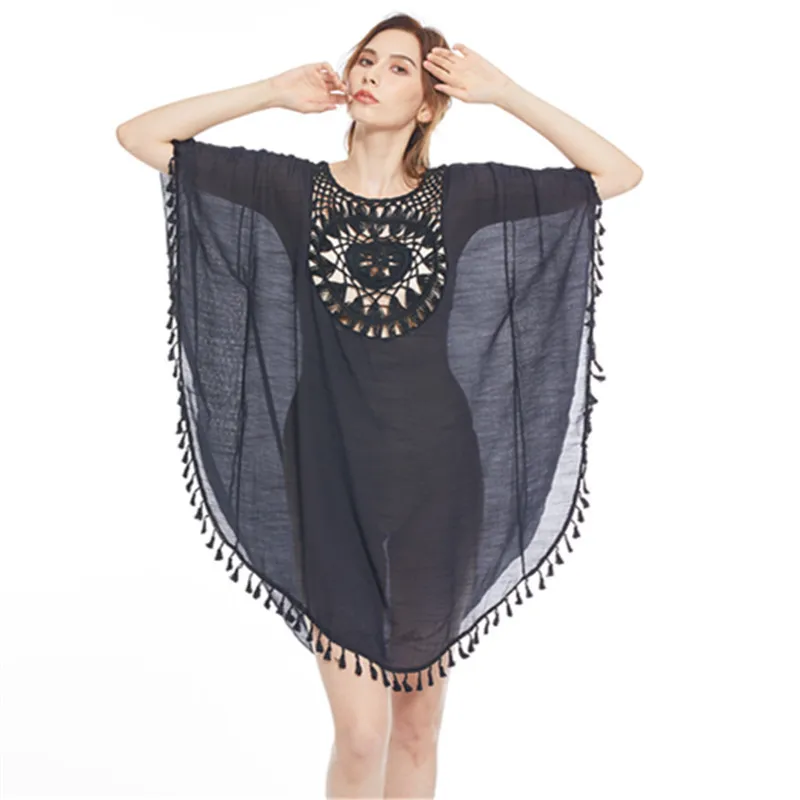

Tassel Beach Cover Ups for Women Corchet Flower Bikini Cover Up Sarong Black Swimsuit Cover-up Blouse White Robe Femme Ete 2021