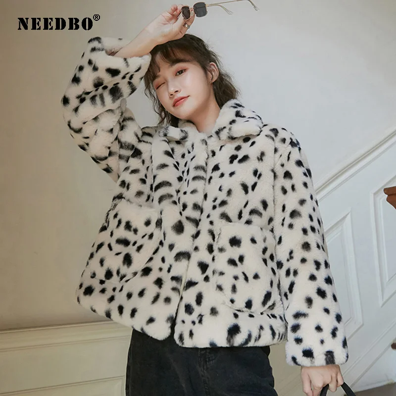 NEEDBO Faux Fur Coat Women Jacket Leopard Streetwear Warm Teddy Jacket Coat Oversize 2020 Outerwear Soft Fluffy Jacket Women