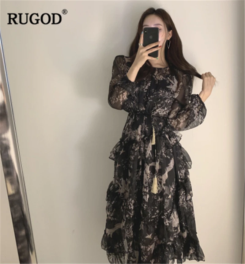 RUGOD 2020 Новое Осеннее женское шифоновое платье с цветочным рисунком комплект из