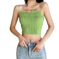 women halter crop cami tops sexy sleeveless green short top summer cable knit camisole