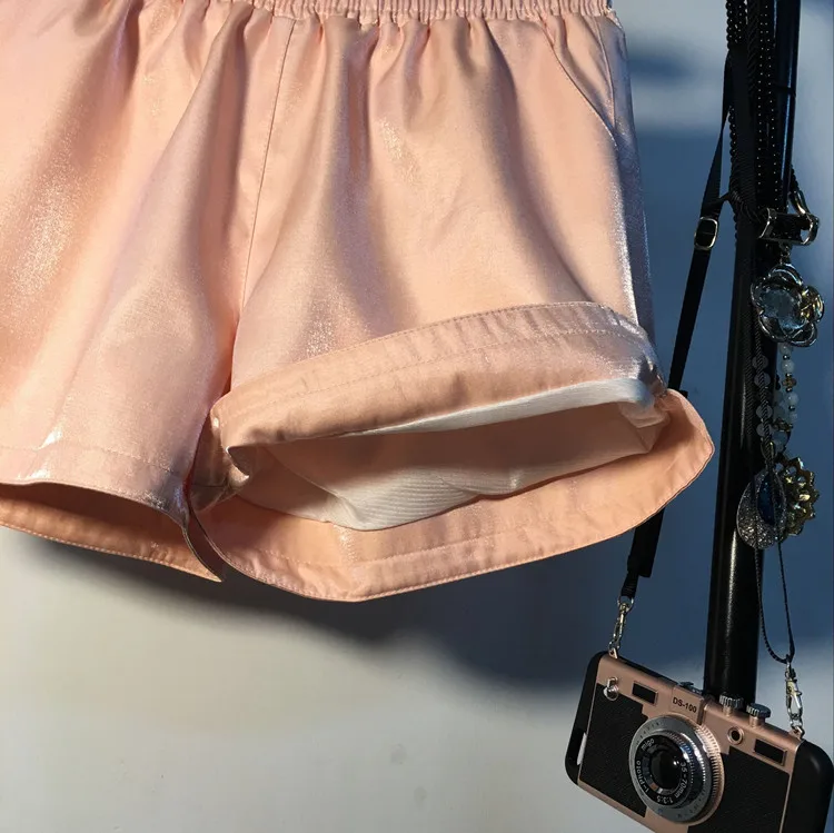 

Spring Elastic High Waist Shorts Women Casual Streetwear Bright Silk Mini Hot Shorts Poket Sexy Mujer Wide Leg Shorts Summer