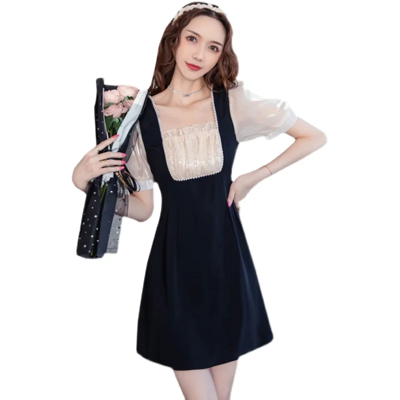 

COIGARSAM French Style Women dress Summer Square Collar Dresses Brief Black Long 9119