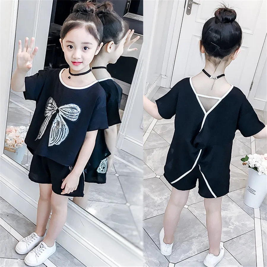 Одежда для девочек сплошной цвет топ футболка + шорты комплект одежды летней