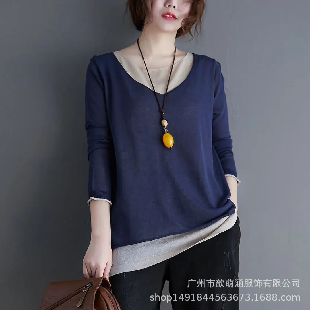 

2021 Spring and Autumn Korean Style Large Size Knitted T-shirt Plus-sized Womenswear mm Slim All-match Loose Thin Long-Sleeved