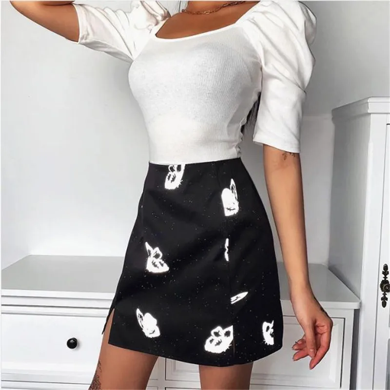 

Повседневные женские мини-юбки с высокой талией, на молнии, трапециевидные короткие брюки, женская модная Светоотражающая черная юбка с при...