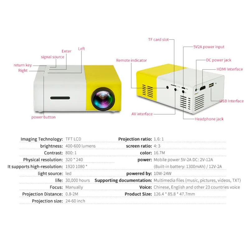 

YG300 Full HD 1080p Mini Portable Video Projector Home Multimedia Cinema Theater Yellow
