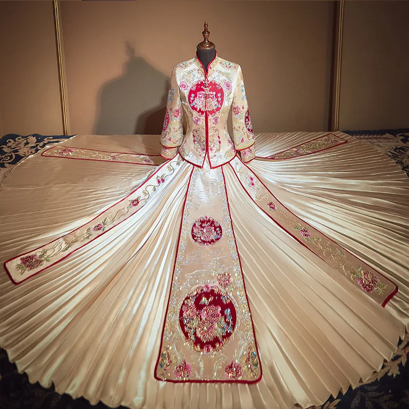 

Элегантное свадебное платье FZSLCYIYI в китайском стиле, с вышивкой, цвета шампанского, Ципао, традиционное длинное женское платье на свадьбу