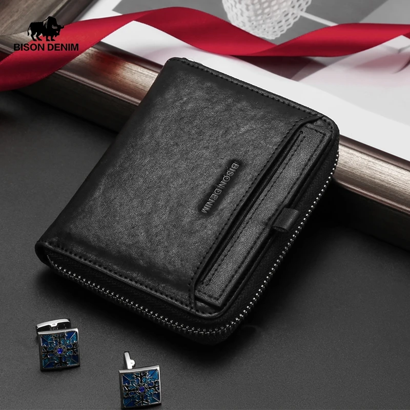 Кошелек BISON DENIM N4506 мужской из натуральной кожи короткий бумажник на молнии