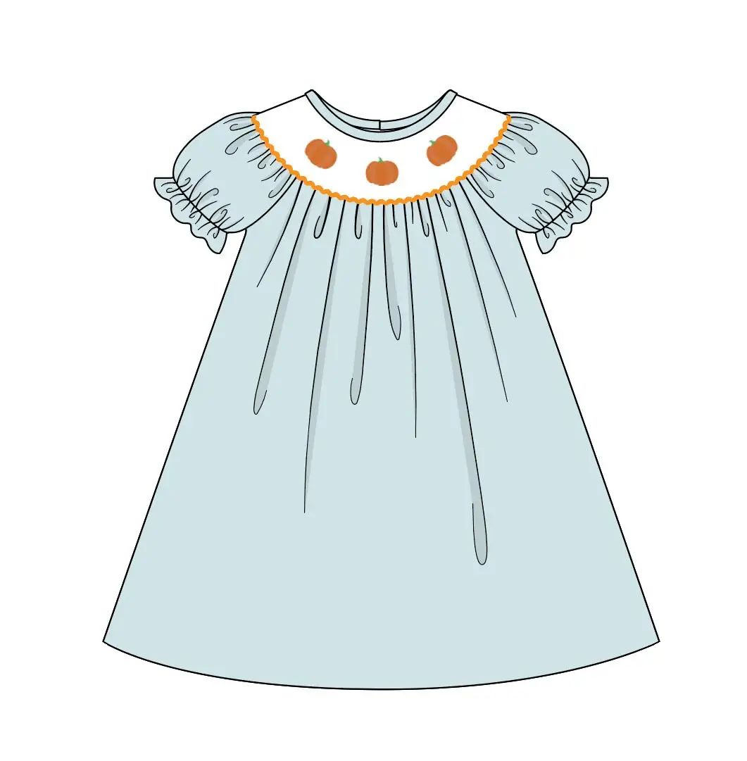 

Beautiful Pure Cotton Baby Girls Dress Three Pumpkin Embroidered Blue Short-Sleeved Children'S Casual Daily Knee-Length Skirt