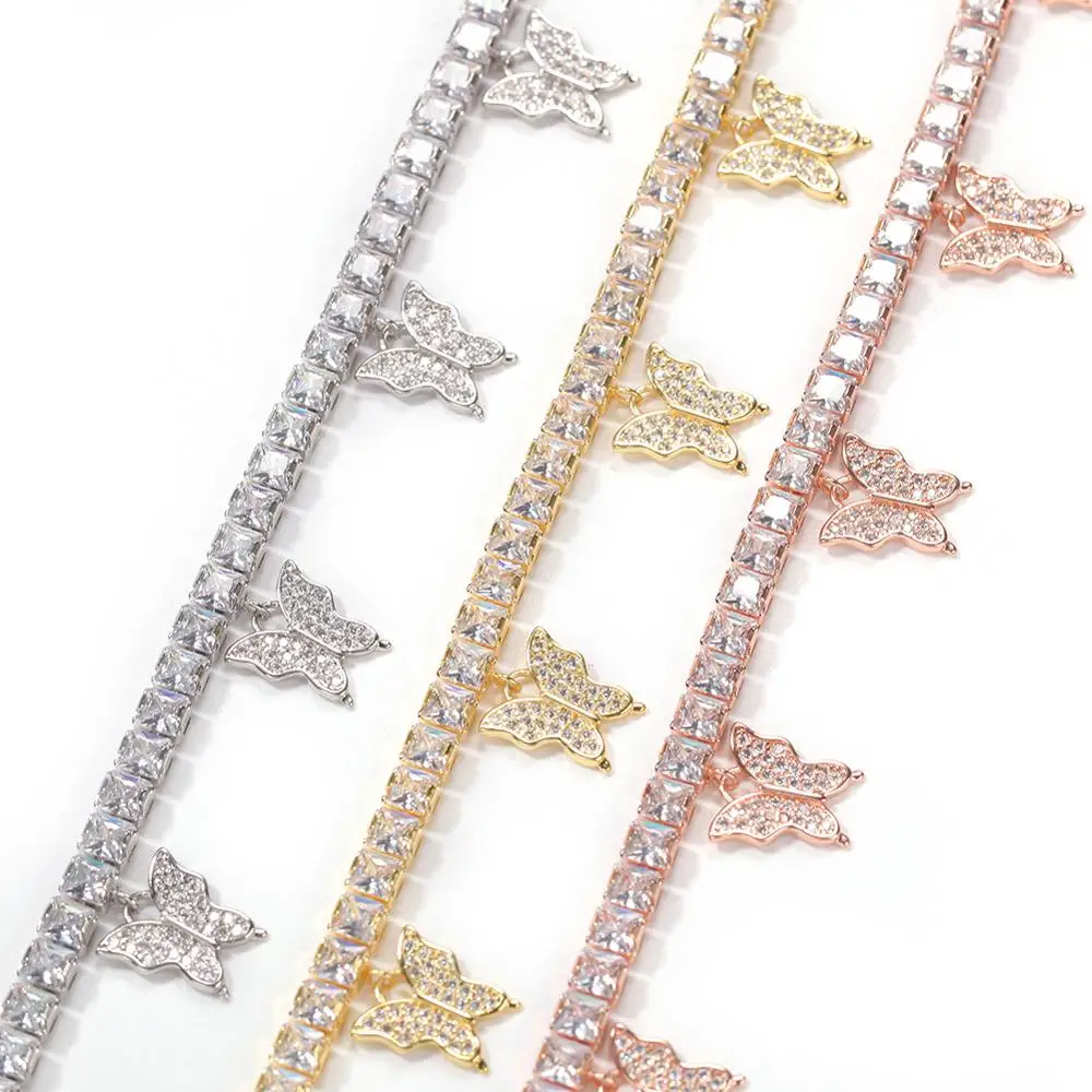 

Women Iced Out Anklet Bracelets Butterfly Charm 4mm Cubic Zirconia Tennis Chain Anklet Gift for Girl Beach Hip Hop Feet Jewelry