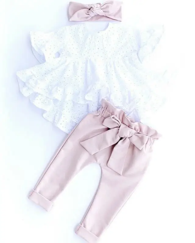 

Newborn Kid Baby Girl Clothes Lace Top T-Shirt Pants Short Sleeve 3Pcs Trousers Headband Outfit Set Bowknote Pants Outfit 0-24M