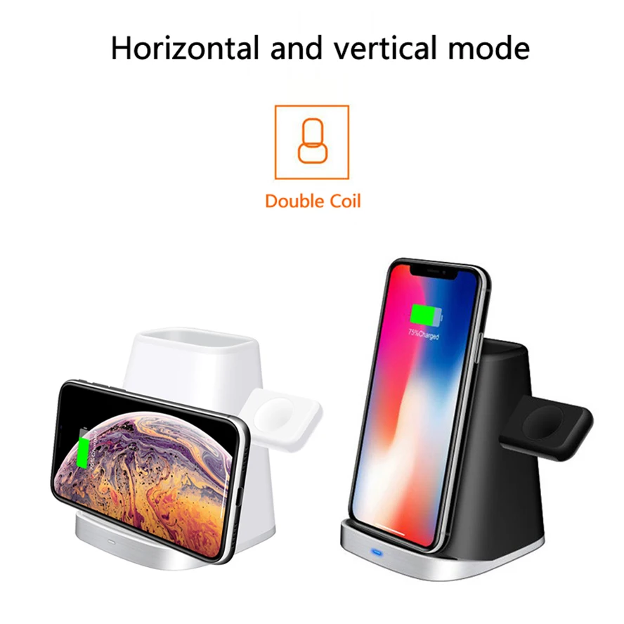 7.5W 10W Быстрый qi Беспроводной зарядное устройство Стенд для Apple Watch 2 3 4 5 AirPods iPhone 8 8Plus XR XS Max 11 Pro Samsung галактики S10 5g S10e S10 S9 S7SS7e Note8 Note9 Note10 Беспроводная зарядка док