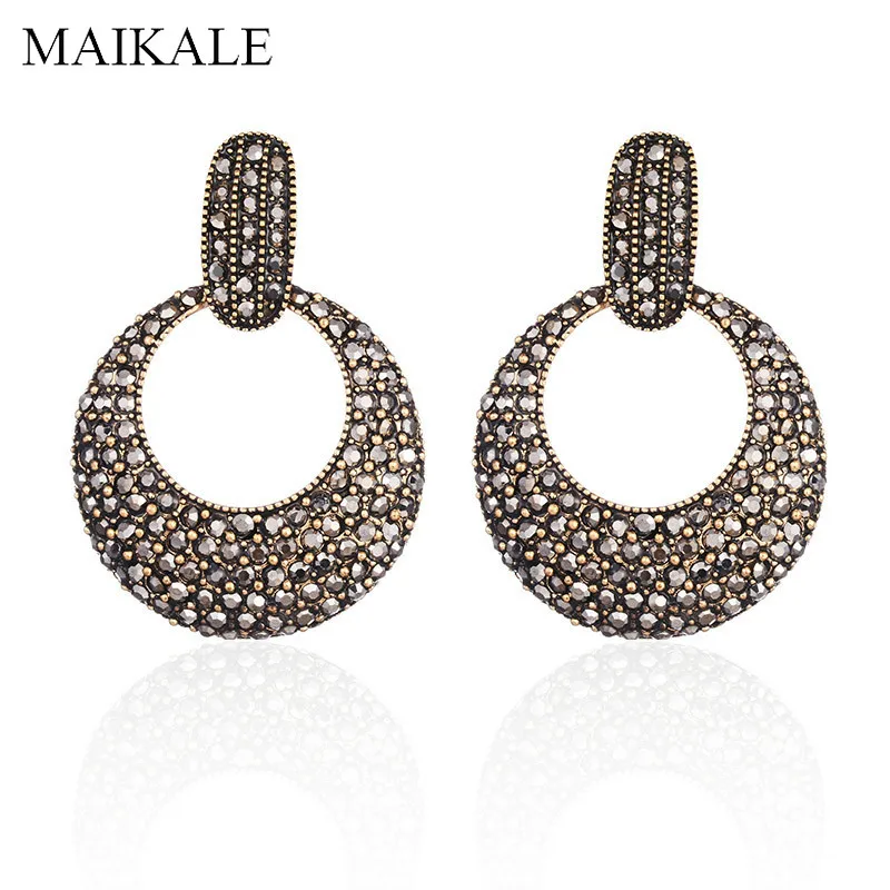 Женские винтажные серьги подвески MAIKALE большие круглые с черными кристаллами